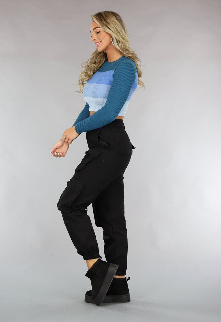 Gestreepte Ribstof Crop Top Blauw