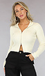 Beige Rib Top met Rits en Kraag