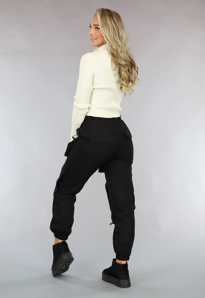 Beige Rib Top met Rits en Kraag