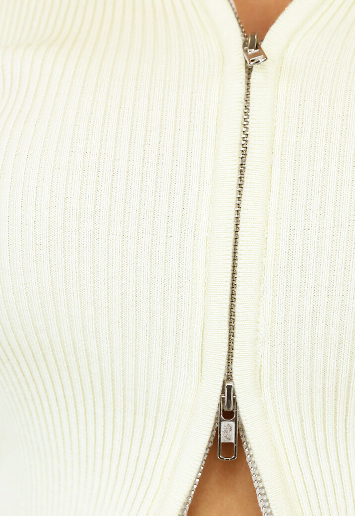 Beige Rib Top met Rits en Kraag