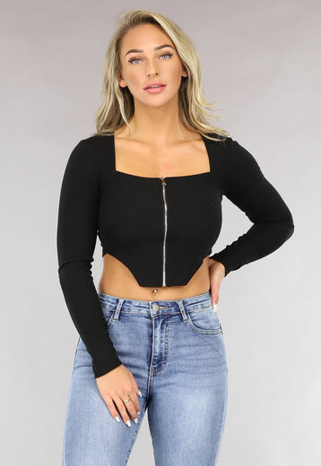Zwarte Lange Mouwen Rib Top