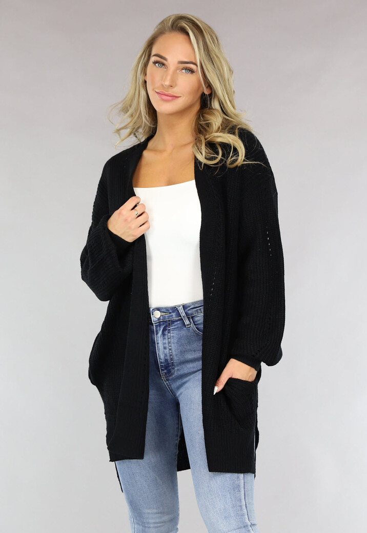 Basic Zwart Gebreid Vest met Zakken