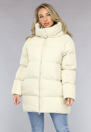 Beige Puffer Jas met Afritsbare Capuchon