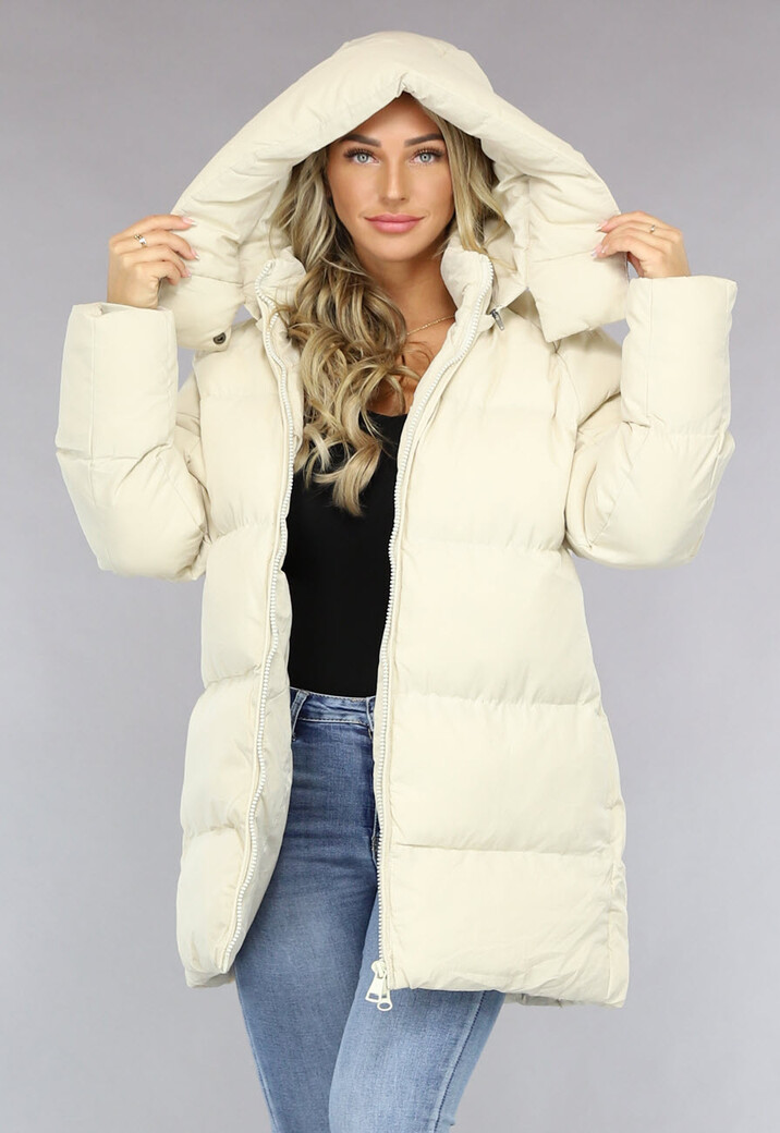 Beige Puffer Jas met Afritsbare Capuchon