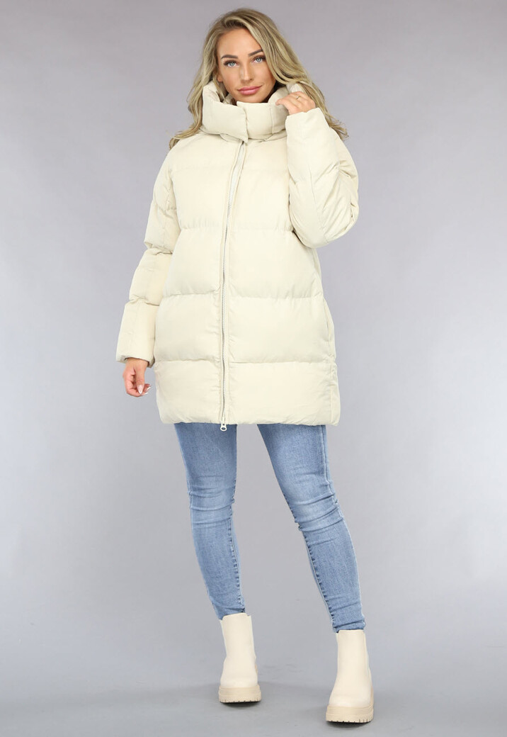 Beige Puffer Jas met Afritsbare Capuchon