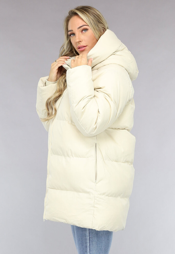 Beige Puffer Jas met Afritsbare Capuchon