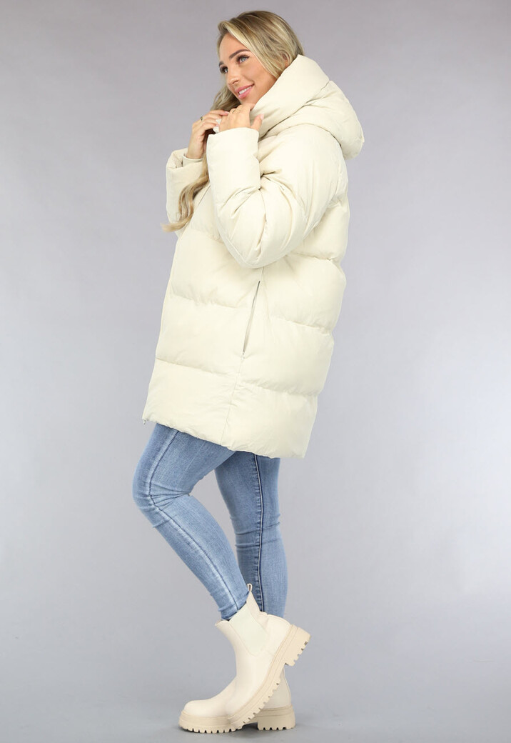 Beige Puffer Jas met Afritsbare Capuchon