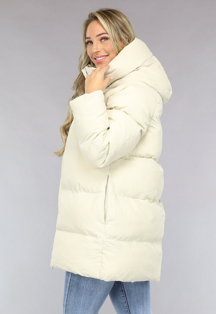 Beige Puffer Jas met Afritsbare Capuchon