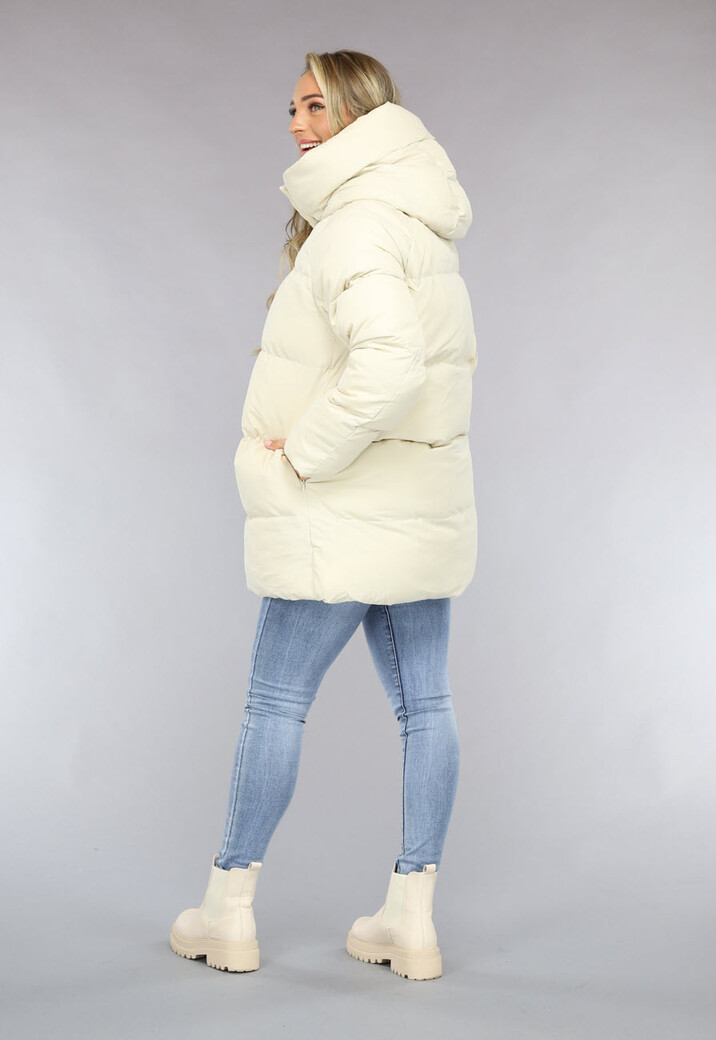 Beige Puffer Jas met Afritsbare Capuchon