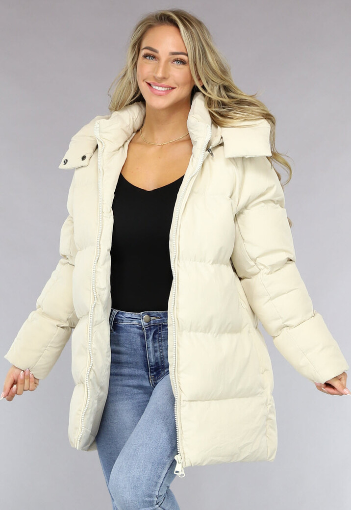 Beige Puffer Jas met Afritsbare Capuchon