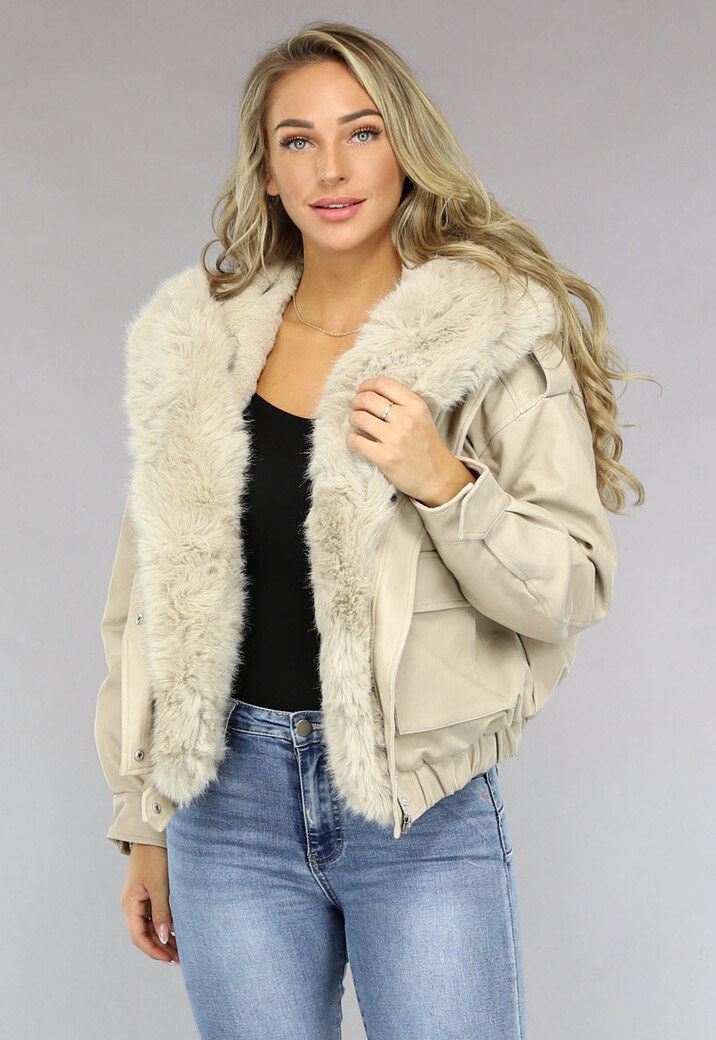 Beige Lederlook Winterjas in Bomber Look  met Afneembaar Imitatiebont