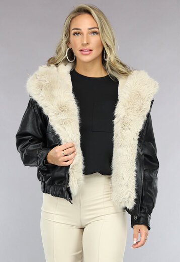 OP=OP! Zwarte Lederlook Winter Bomber met Beige Imitatiebont