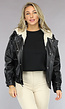 Zwarte Lederlook Winter Bomber met Beige Imitatiebont