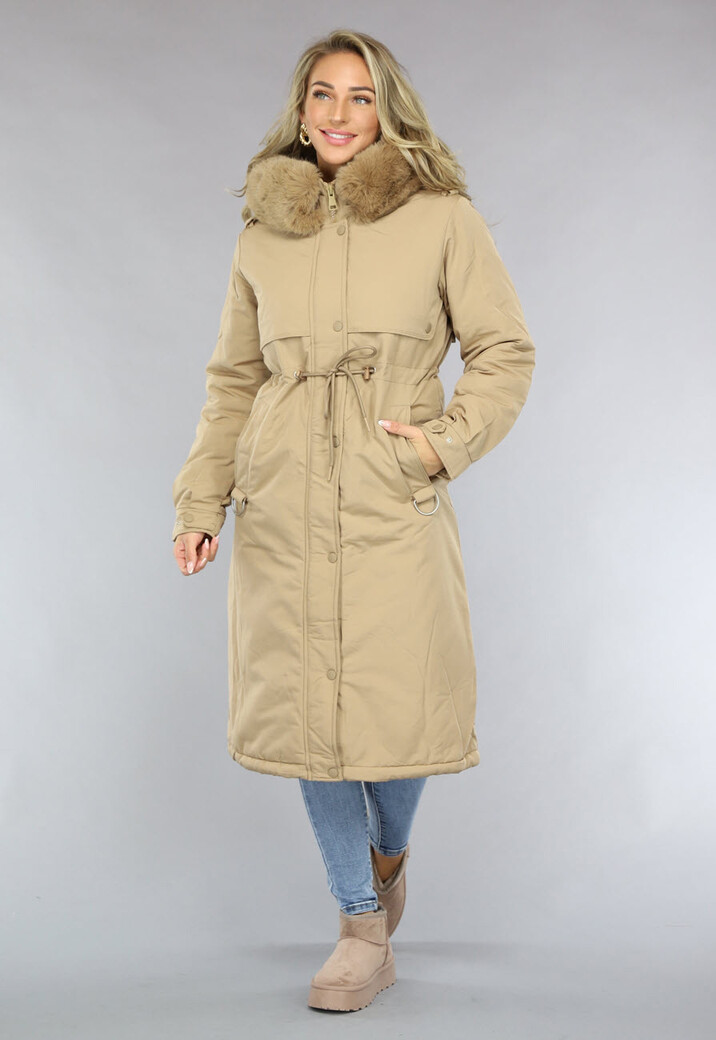 Lange Camel Parka met Faux Fur Bontkraag