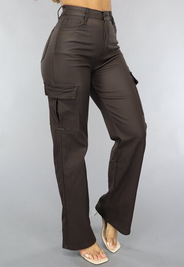 OP=OP! Chocolade Bruine Lederlook Cargo Broek