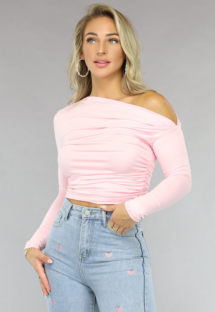 NEW1810 Lichtroze Geplooide Stretch Top met Lange Mouwen