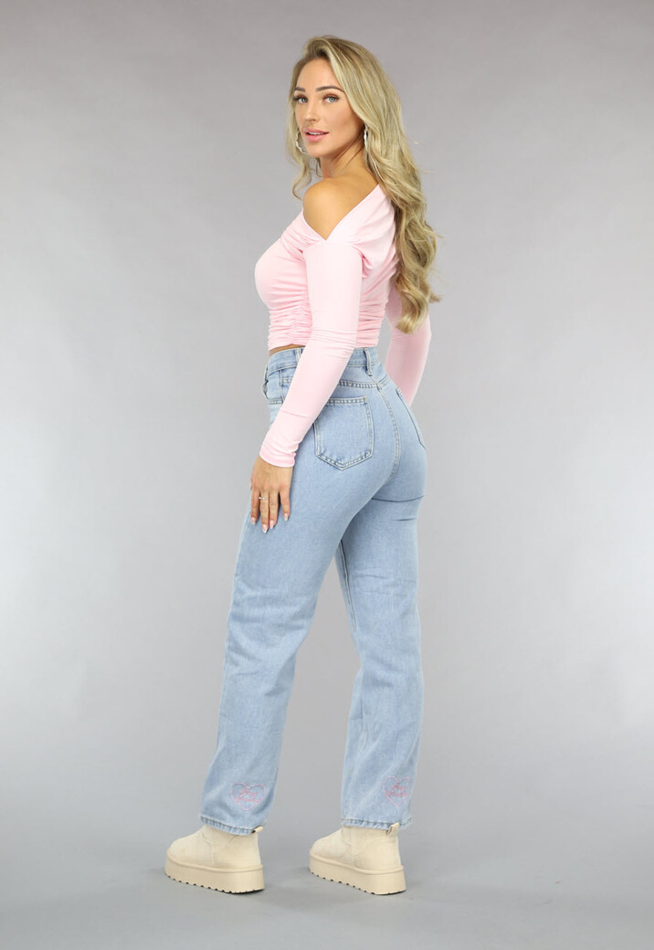 Lichtroze Geplooide Stretch Top met Lange Mouwen