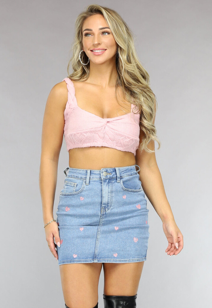 Lichtroze Wollen Crop Top met Hartjes