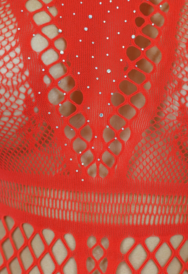Rode Fishnet Bodysuit met Glitters
