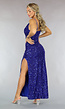 Blauwe Glitter Avondjurk met Gedrapeerde Hals