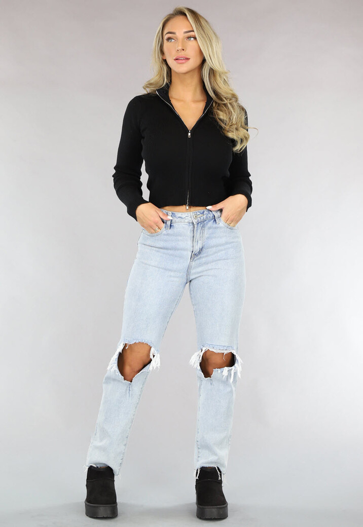 Zwarte Rib Top met Rits en Kraag