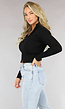 Zwarte Rib Top met Rits en Kraag