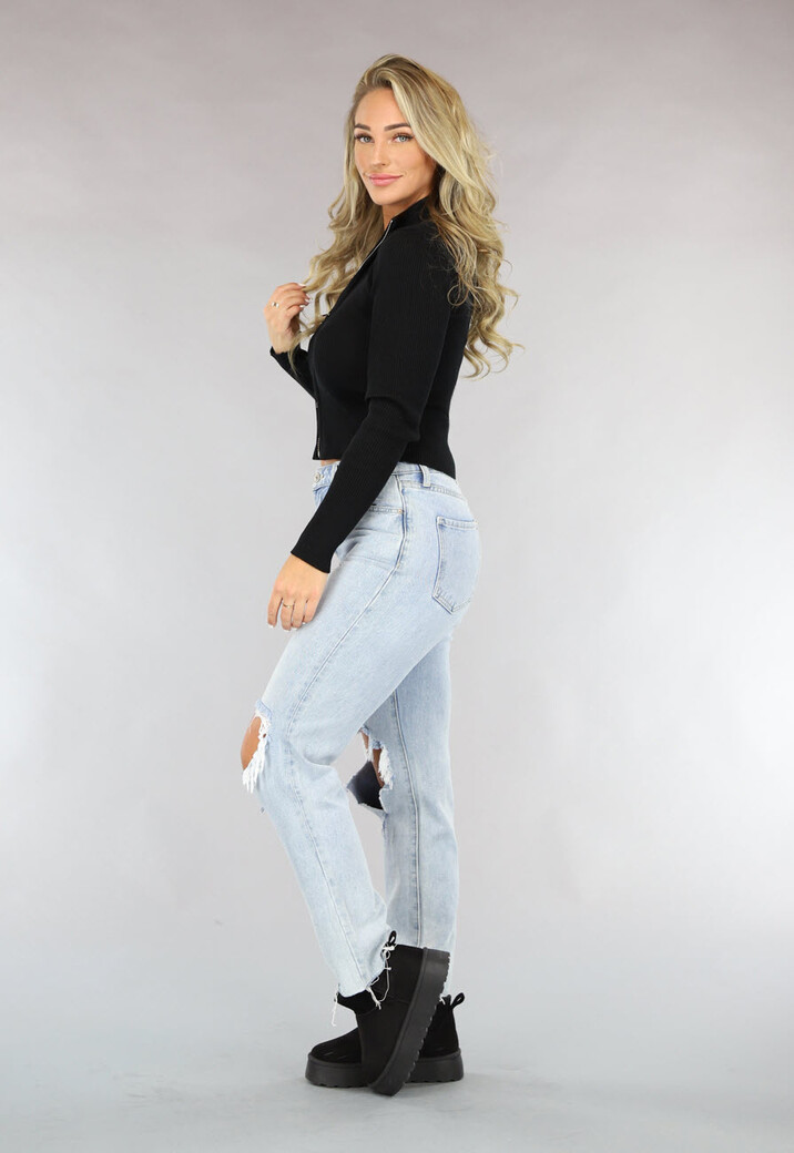 Zwarte Rib Top met Rits en Kraag