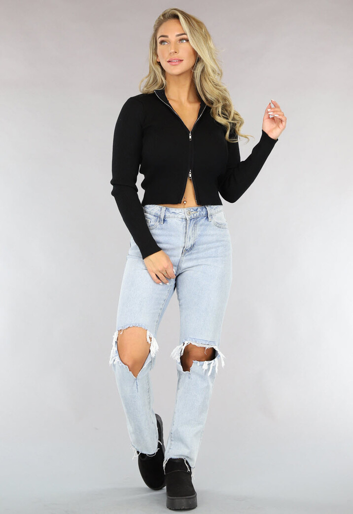 Zwarte Rib Top met Rits en Kraag