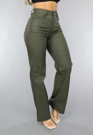 OP=OP! Groene Lederlook Straight Leg Broek