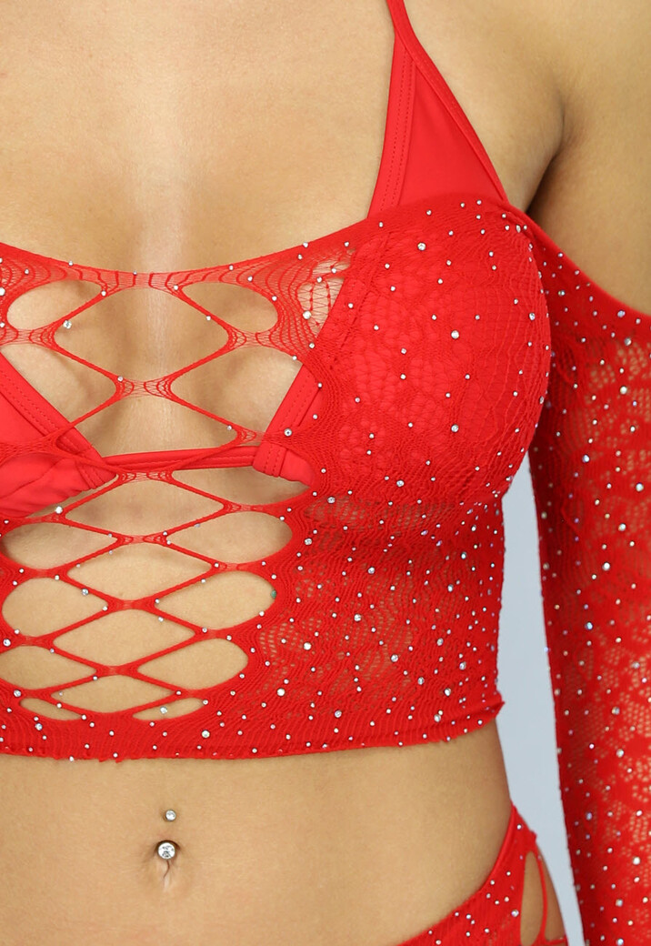 Rode Glitter Lingerie Set met Top en Rokje