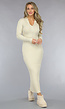 Beige Lange Rib Jurk met Lange Mouwen
