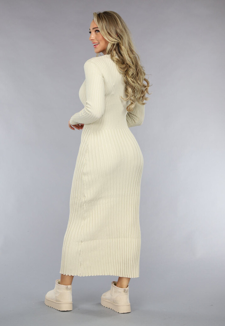 Beige Lange Rib Jurk met Lange Mouwen