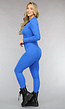 Blauwe Stretch Rib Jumpsuit met V Hals