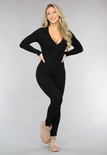 NEW2510 Stretchy Zwarte Rib Jumpsuit