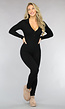 Stretchy Zwarte Rib Jumpsuit met Knoopjes