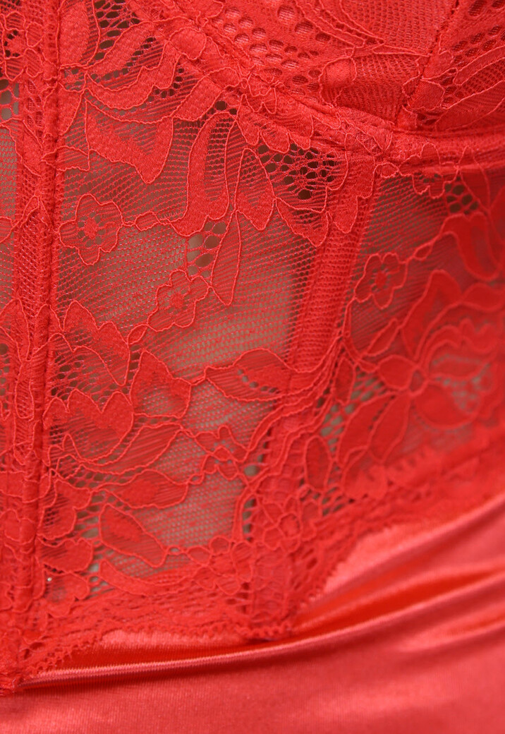 Rode Satin Korset Jurk met Kanten Detail en Beugels