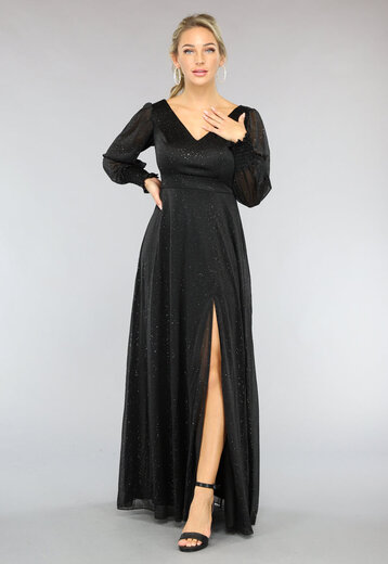 Lange Zwarte Jurk met Glitters en Split