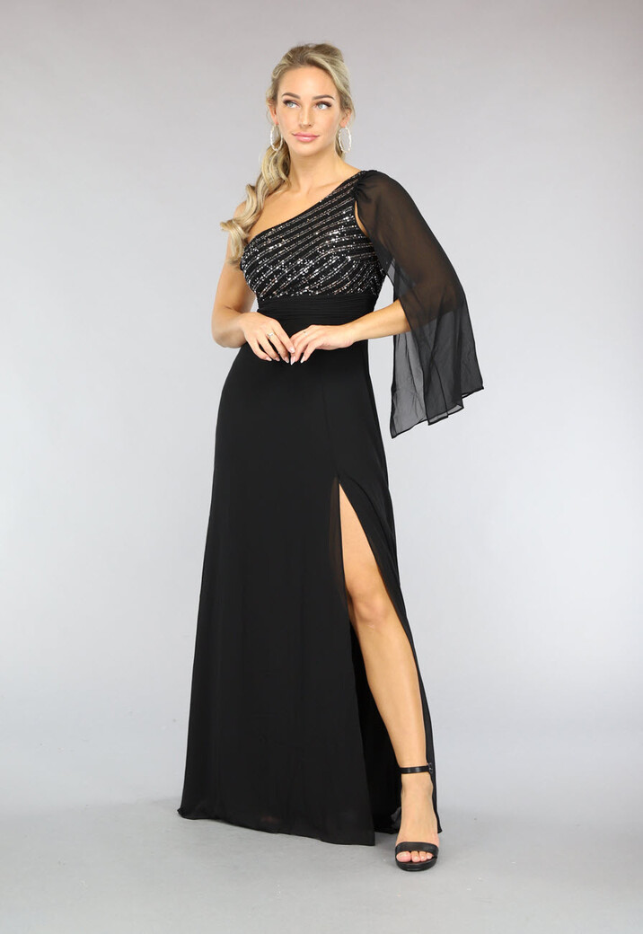 Lange Zwarte One Sleeve Chiffon Jurk met Split
