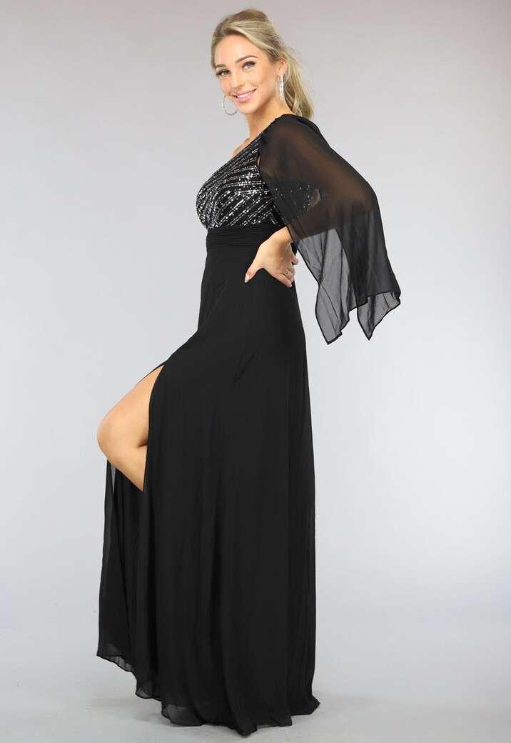 Lange Zwarte One Sleeve Chiffon Jurk met Split