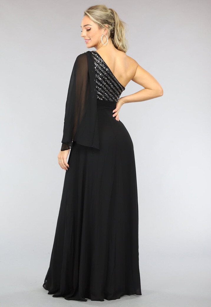 Lange Zwarte One Sleeve Chiffon Jurk met Split
