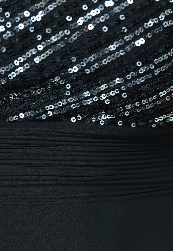 Lange Zwarte One Sleeve Chiffon Jurk met Split