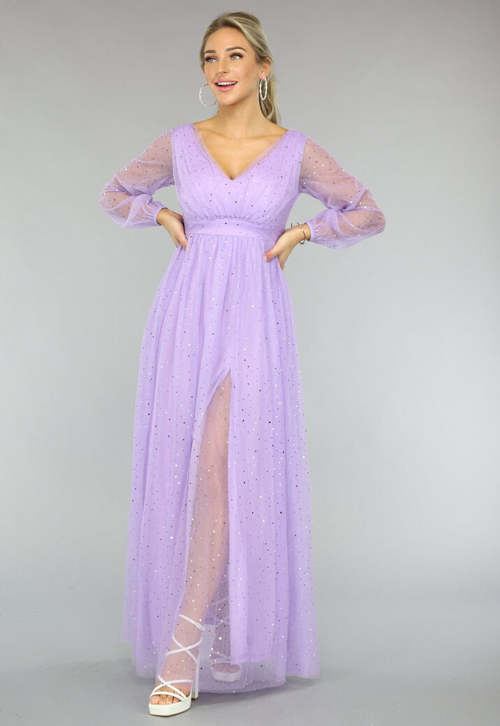 Paarse Glitter Maxi Jurk met Mesh Mouwen