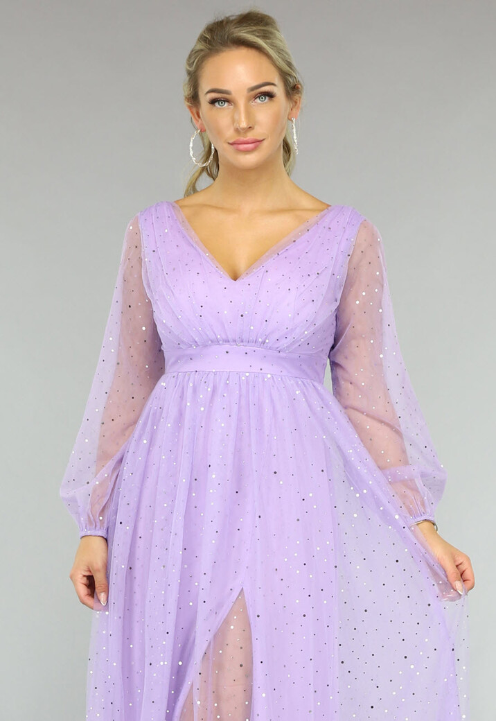 Paarse Glitter Maxi Jurk met Mesh Mouwen