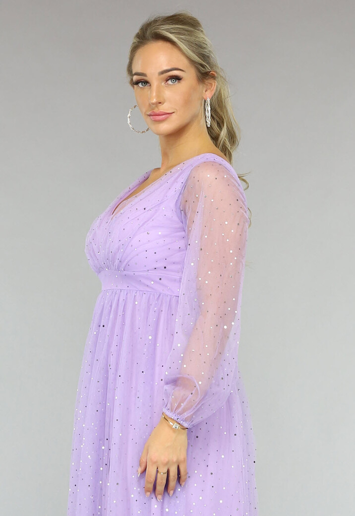 Paarse Glitter Maxi Jurk met Mesh Mouwen