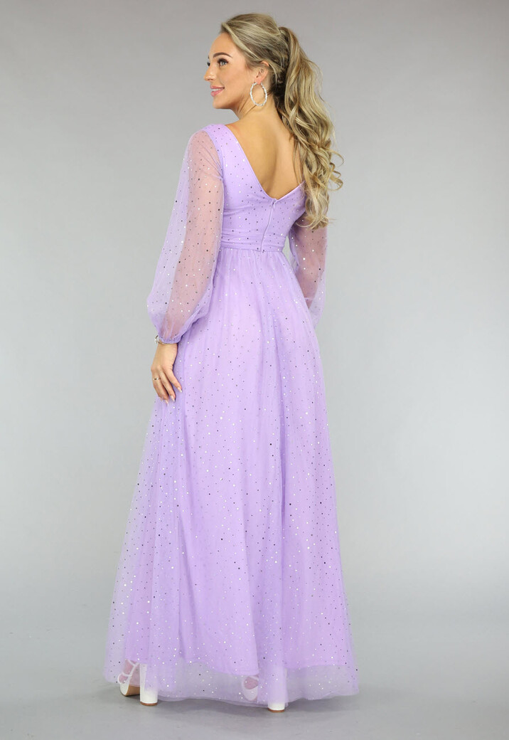 Paarse Glitter Maxi Jurk met Mesh Mouwen