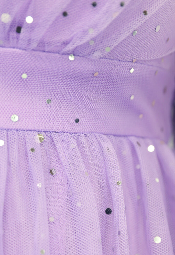 Paarse Glitter Maxi Jurk met Mesh Mouwen