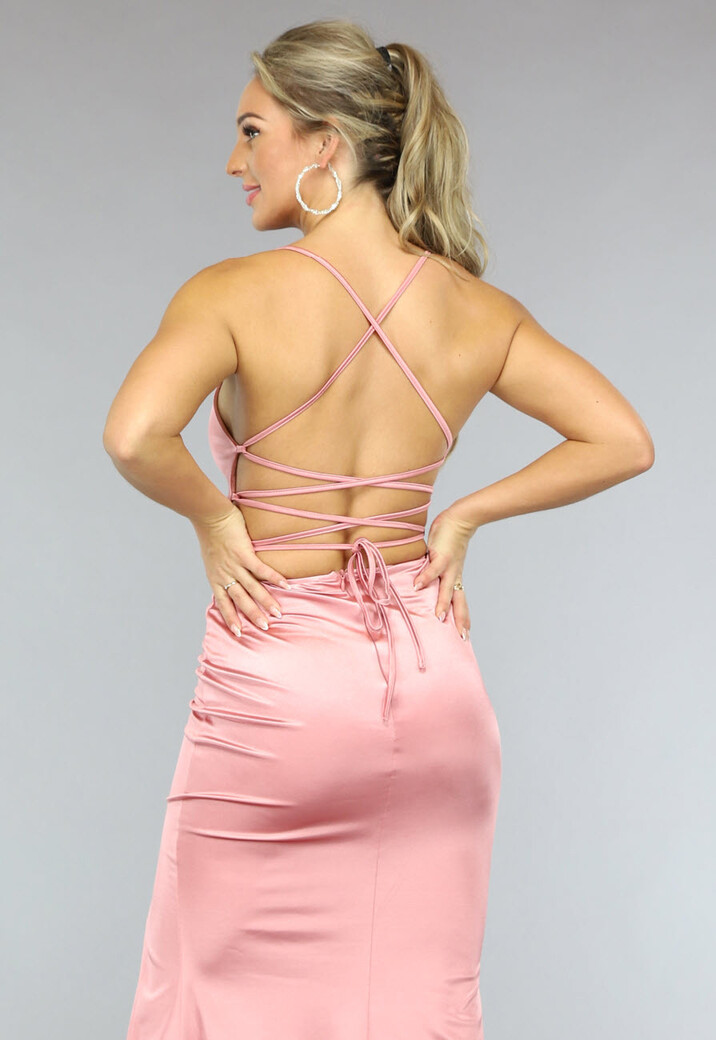 Oudroze Satijnen Galajurk met Split