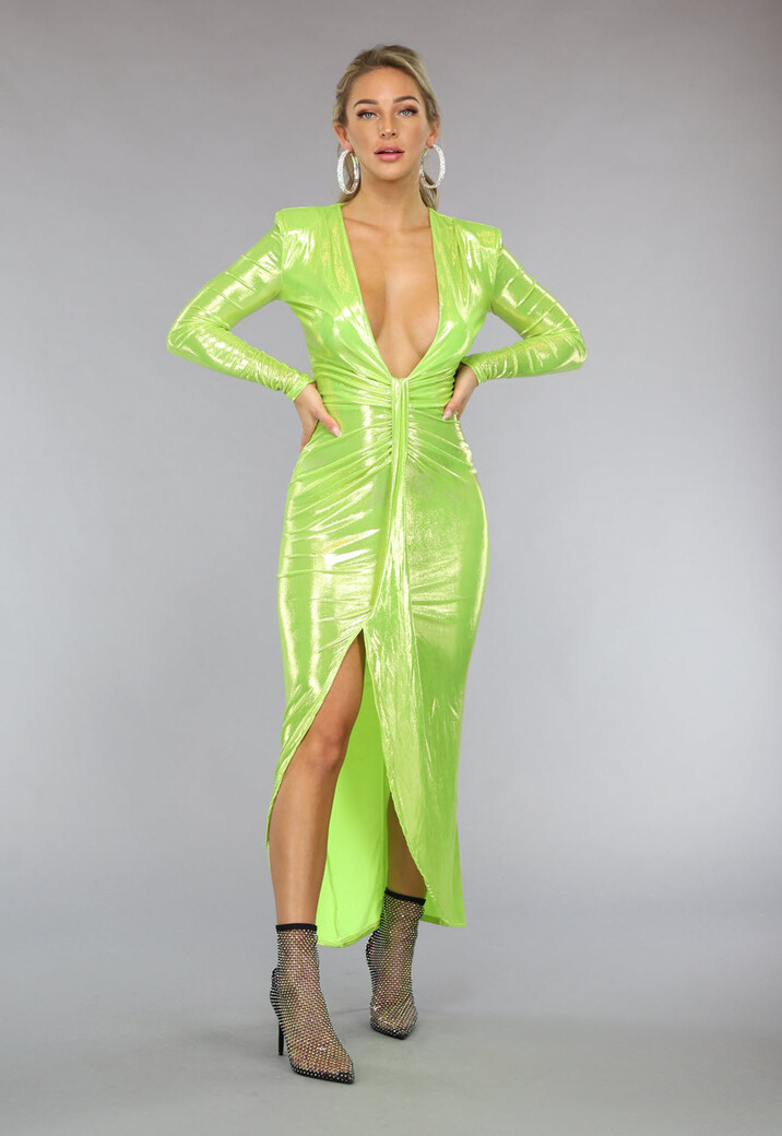 Groene Longsleeve Metallic Jurk met Split en Schoudervulling