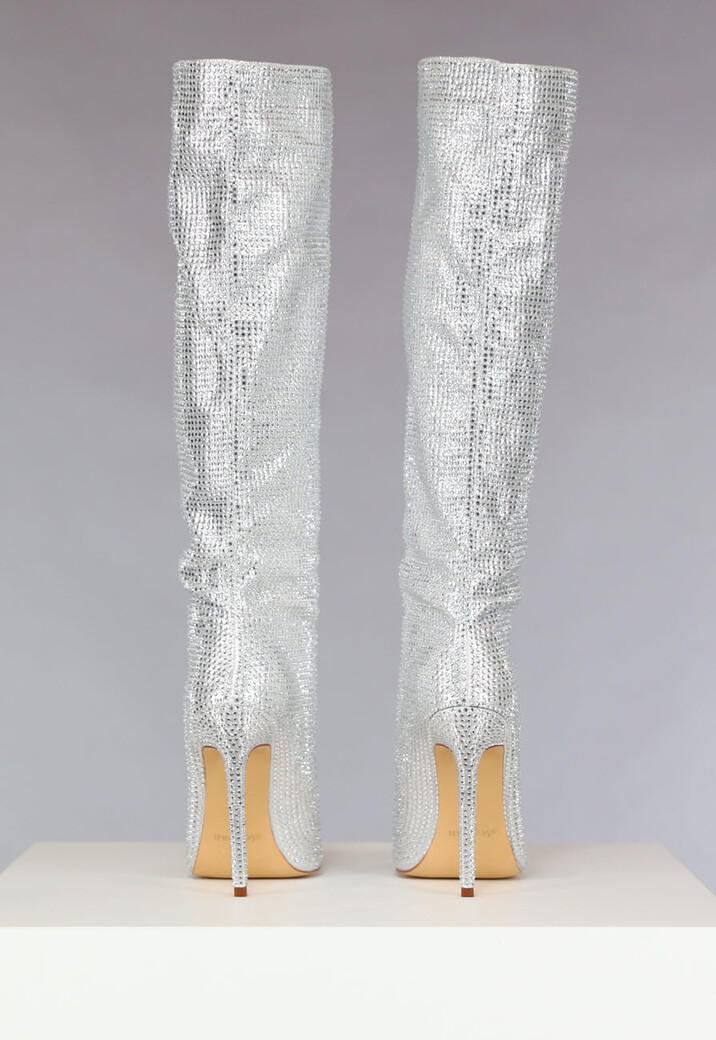 Zilveren Glitter Laarzen met Dunne Hak
