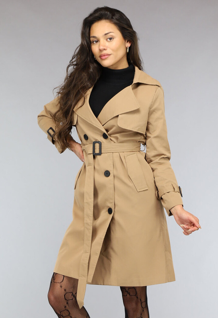 Camel Trenchcoat met Knopen en Tailleband